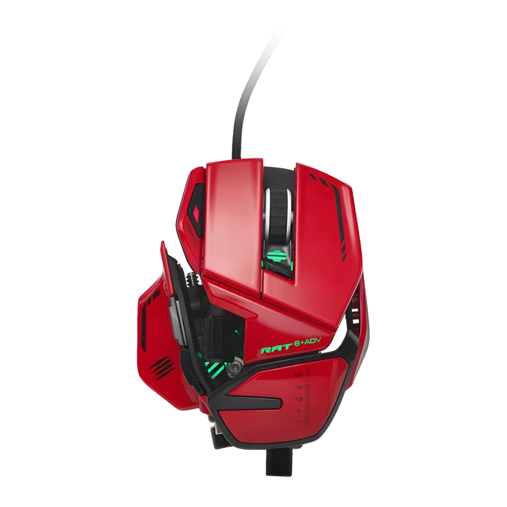 Ratón Gaming Mad Catz R.A.T. 8+ Advanced 20000 DPI RGB Negro, vista superior: cuerpo rojo con iluminación verde y cable