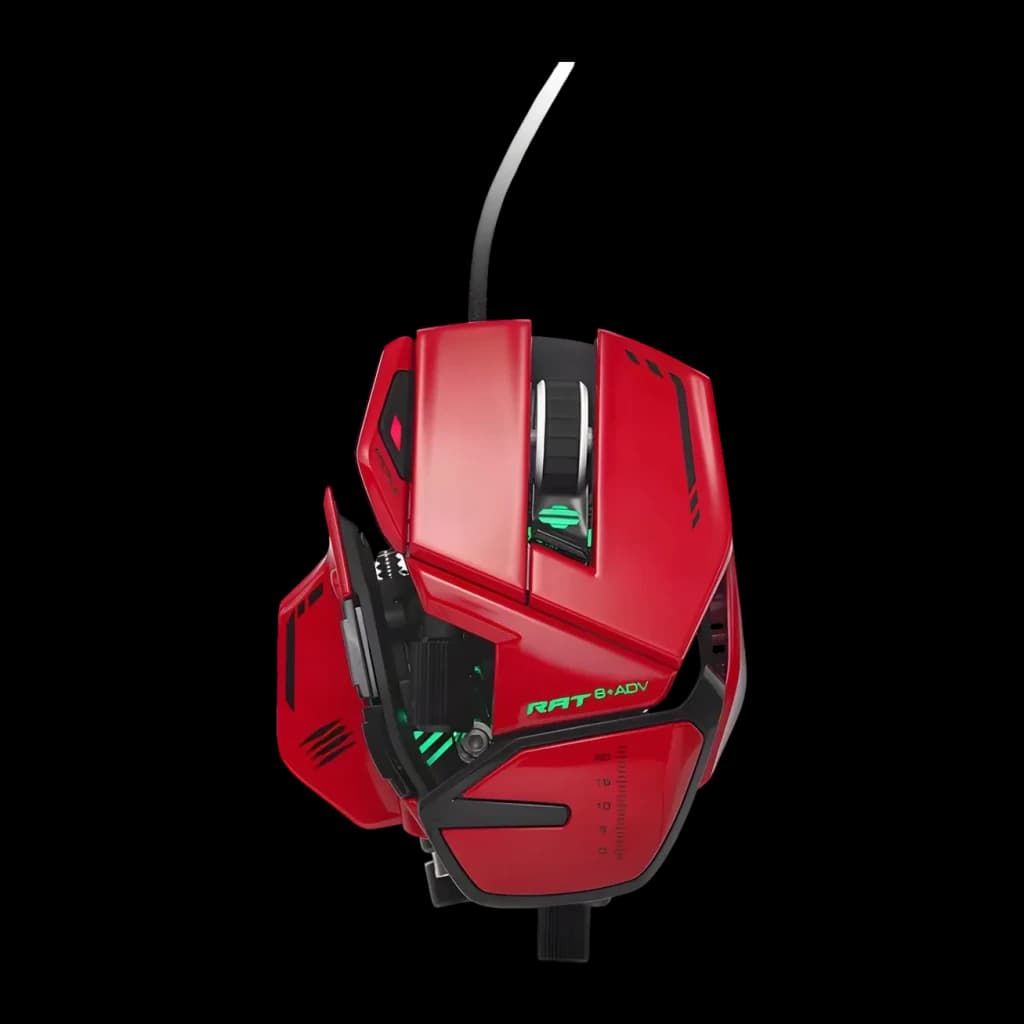Ratón Gaming Mad Catz R.A.T. 8+ Advanced 20000 DPI RGB Negro, vista superior: cuerpo rojo con iluminación verde y cable