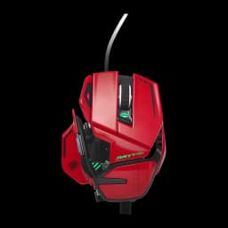 Ratón Gaming Mad Catz R.A.T. 8+ Advanced 20000 DPI RGB Negro, vista superior: cuerpo rojo con iluminación verde y cable