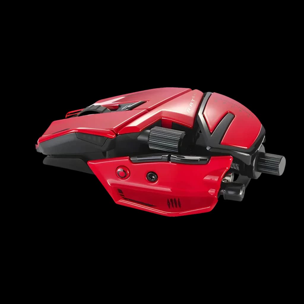 Ratón Gaming Mad Catz R.A.T. 8+ Advanced 20000 DPI RGB Negro, vista lateral: chasis rojo con ajustes modulares y rueda de DPI