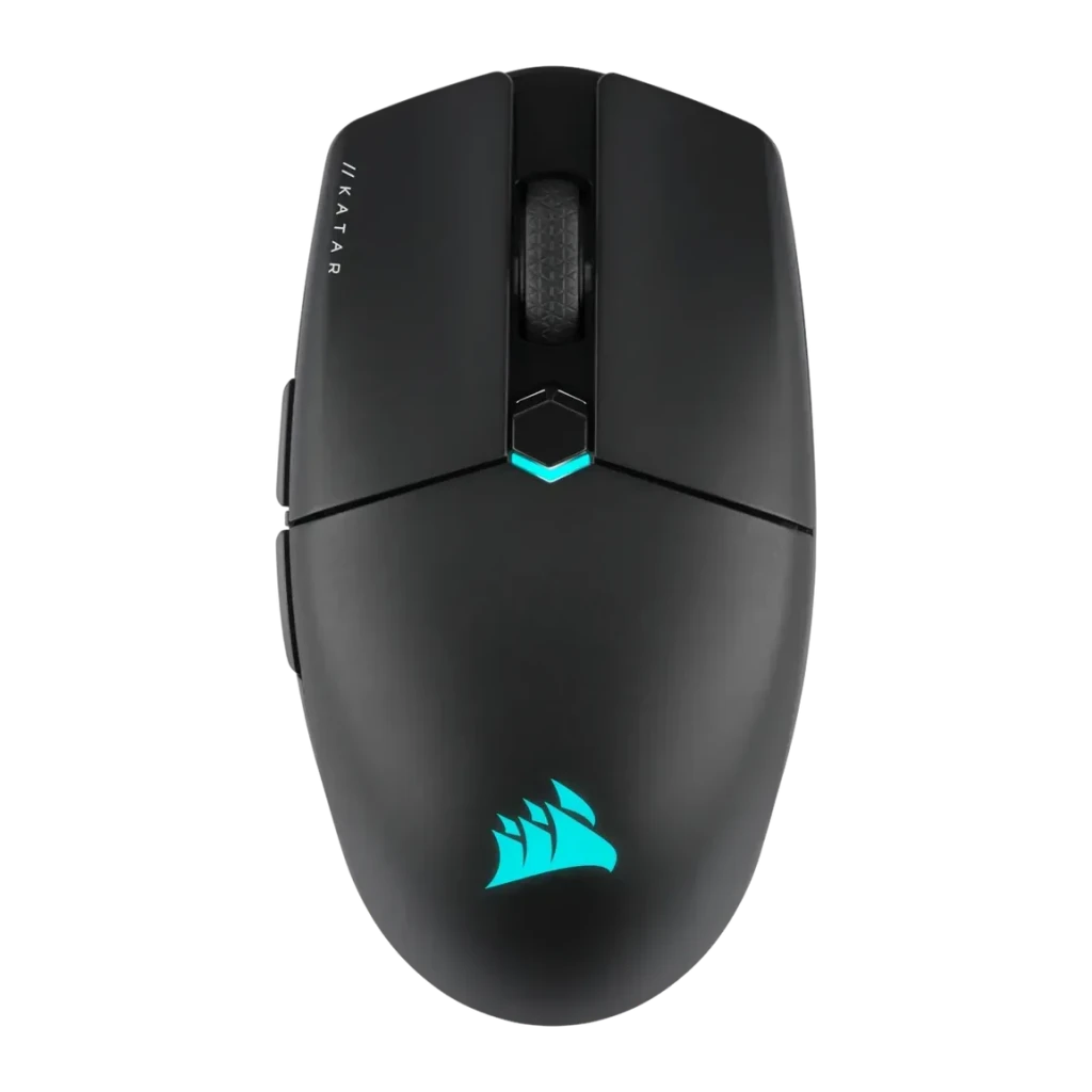 Ratón Gaming Corsair Katar Elite Wireless Inalámbrico 26000 DPI RGB Negro, vista superior: logo Corsair y LED RGB cian