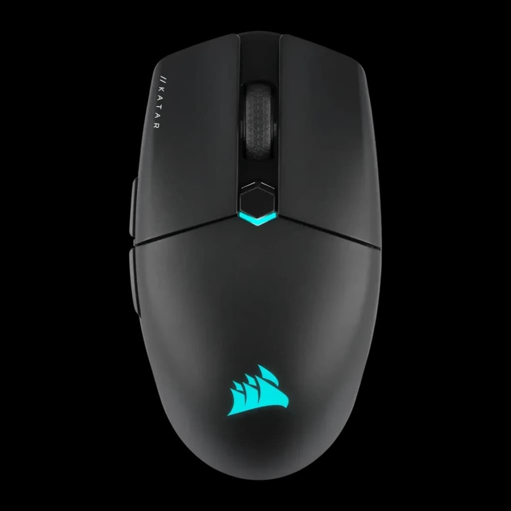 Ratón Gaming Corsair Katar Elite Wireless Inalámbrico 26000 DPI RGB Negro, vista superior: logo Corsair y LED RGB cian