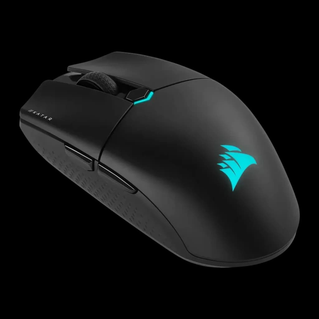 Ratón Gaming Corsair Katar Elite Wireless Inalámbrico 26000 DPI RGB Negro, vista lateral: logo Corsair RGB cian iluminado