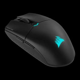 Ratón Gaming Corsair Katar Elite Wireless Inalámbrico 26000 DPI RGB Negro, vista lateral: logo Corsair RGB cian iluminado