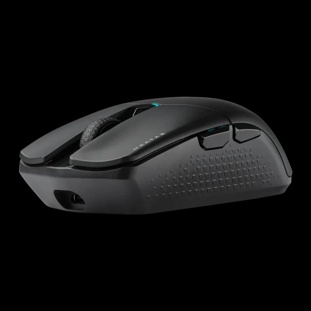 Ratón Gaming Corsair Katar Elite Wireless Inalámbrico 26000 DPI RGB Negro, vista lateral: textura diamond grip, logo KATAR