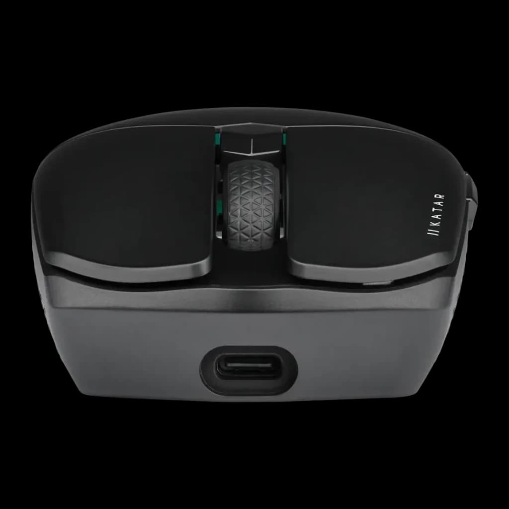 Ratón Gaming Corsair Katar Elite Wireless Inalámbrico 26000 DPI RGB Negro, vista frontal: rueda texturizada, iluminación RGB