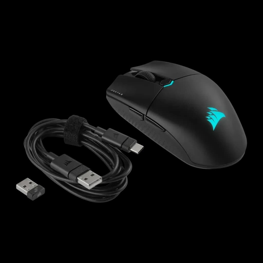 Ratón Gaming Corsair Katar Elite Wireless Inalámbrico 26000 DPI RGB Negro, contenido de caja: ratón con logo RGB cyan, cable