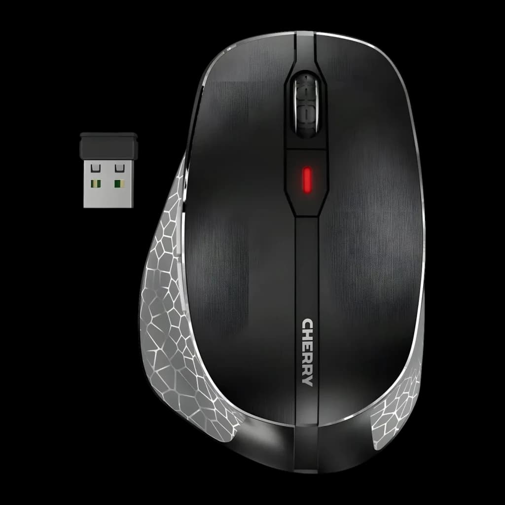 Souris Cherry MW 8C Ergo Noir Sans Fil Ergonomique, vue du dessus: texture brossée, LED DPI rouge et récepteur USB nano