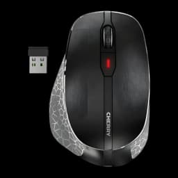 Souris Cherry MW 8C Ergo Noir Sans Fil Ergonomique, vue du dessus: texture brossée, LED DPI rouge et récepteur USB nano