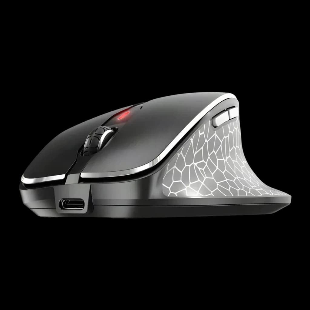Souris Cherry MW 8C Ergo Noir Sans Fil Ergonomique, vue latérale: motif géométrique sur le flanc, port USB-C et molette