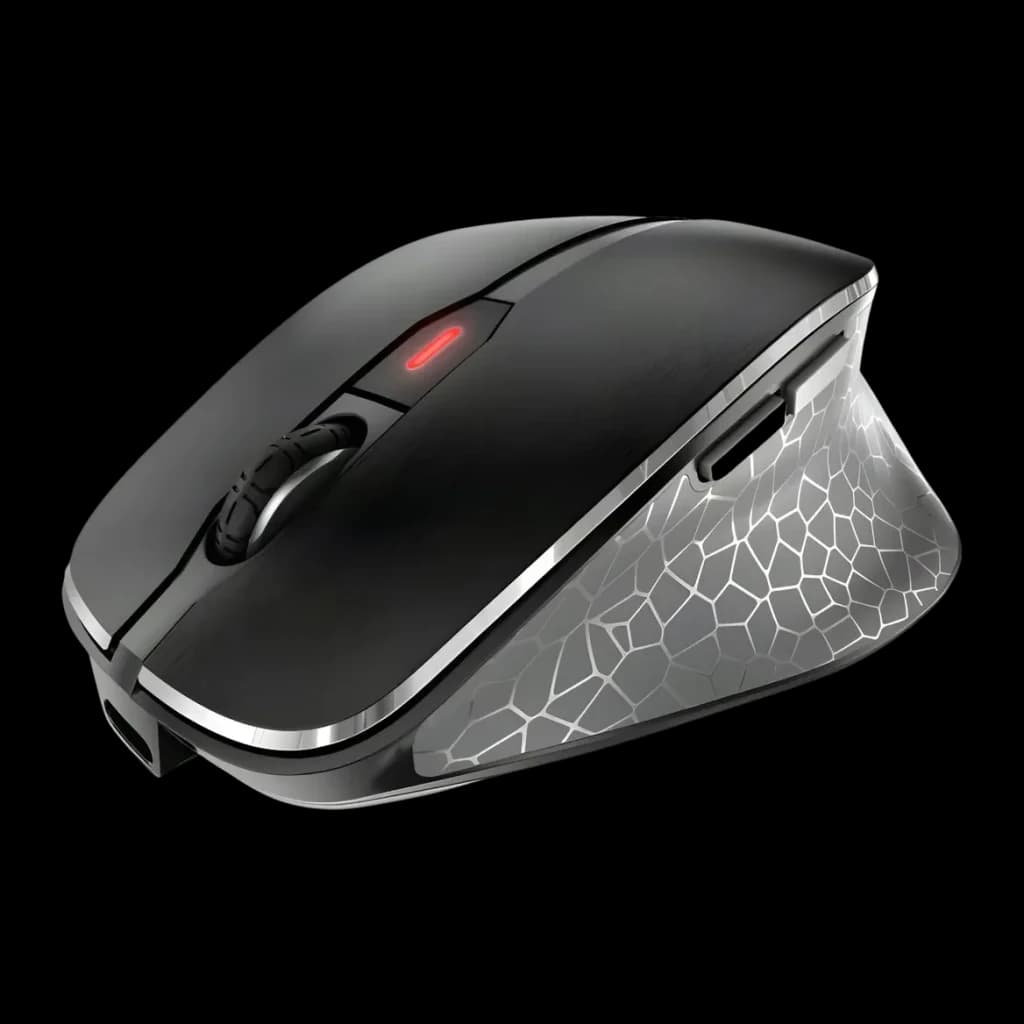 Souris Cherry MW 8C Ergo Noir Sans Fil Ergonomique, vue latérale: forme ergonomique avec motif géométrique argenté et LED