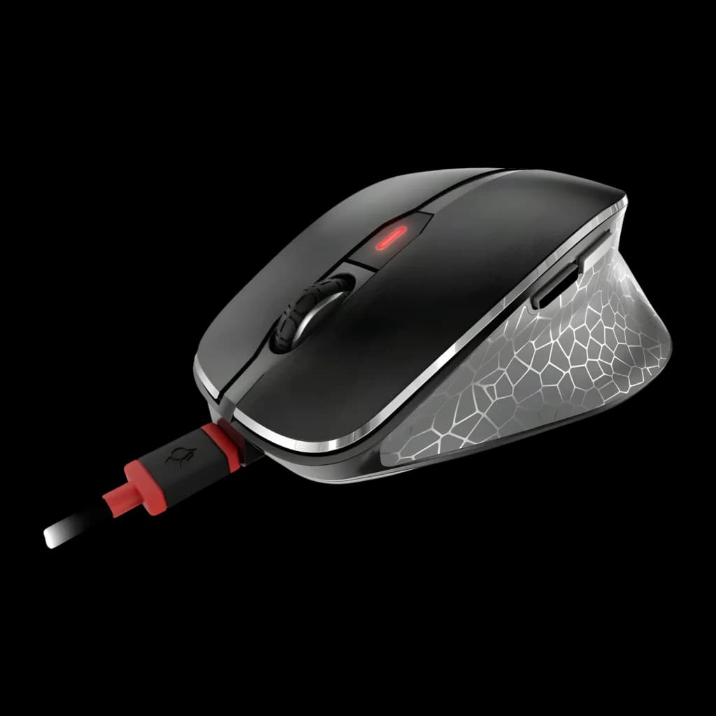 Souris Cherry MW 8C Ergo Noir Sans Fil Ergonomique, vue latérale: motif géométrique sur les flancs, molette et récepteur USB
