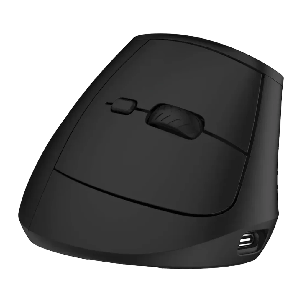 Ratón Ewent Ultimate Negro Inalámbrico Ergonómico EW3208, vista superior: rueda, botones y puerto USB-C en la base