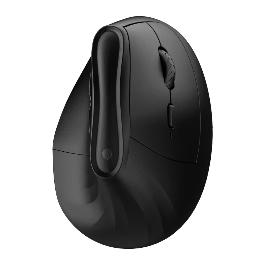 Ratón Ewent Ultimate Negro Inalámbrico Ergonómico EW3208, vista lateral: perfil vertical, rueda texturizada y botón DPI