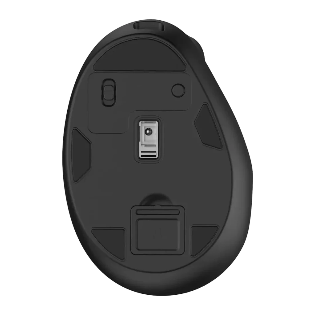Ratón Ewent Ultimate Negro Inalámbrico Ergonómico EW3208, vista inferior: sensor óptico, interruptor on/off y compartimento