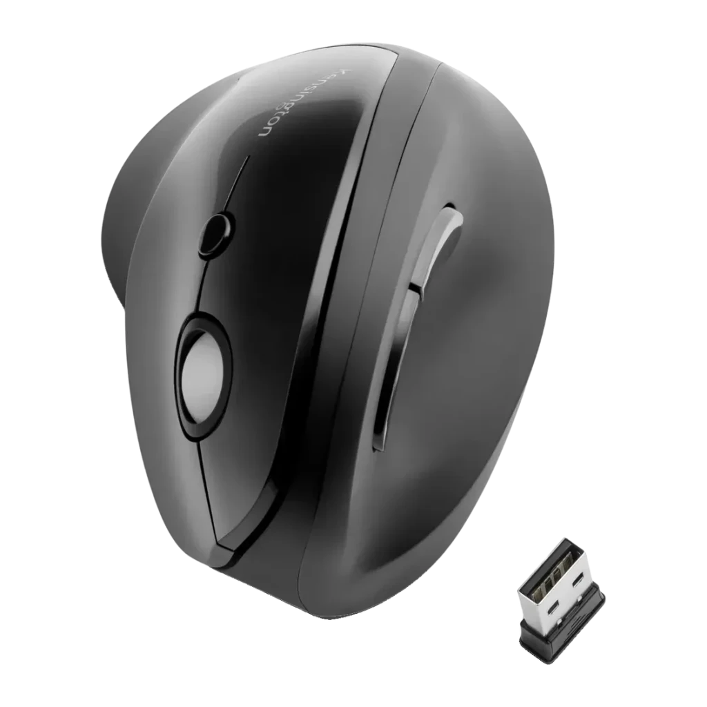 Souris Kensington Pro Fit Ergo Vertical Wireless Noir Sans Fil, vue du dessus: molette, boutons latéraux et nano récepteur