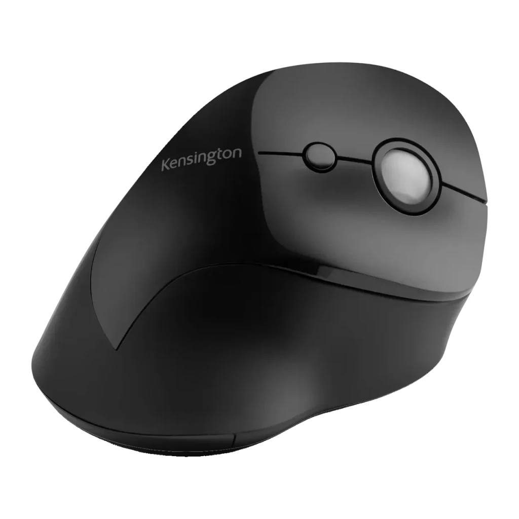 Souris Kensington Pro Fit Ergo Vertical Wireless Noir Sans Fil, vue supérieure en angle: molette argentée, bouton latéral
