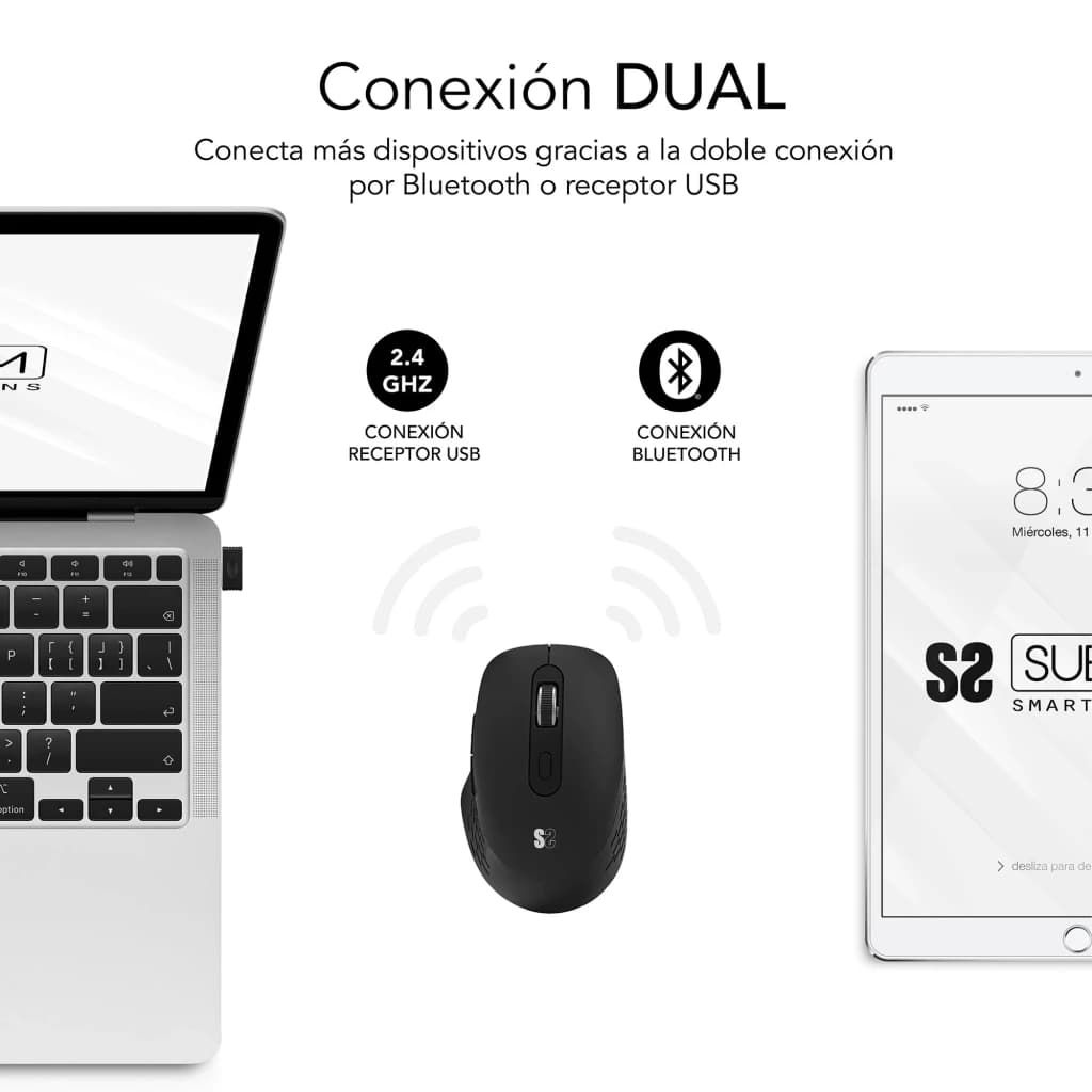 Souris SUBBLIM Curve Ergo Dual Mouse Battery Black Sans Fil Ergonomique, infographie: double connexion 2.4GHz USB
