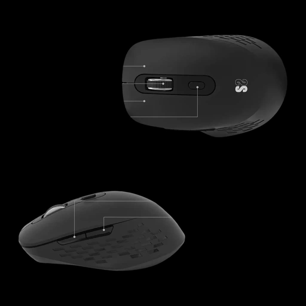 Souris SUBBLIM Curve Ergo Dual Mouse Battery Black Sans Fil Ergonomique, vues dessus et côté: molette, bouton DPI et texture