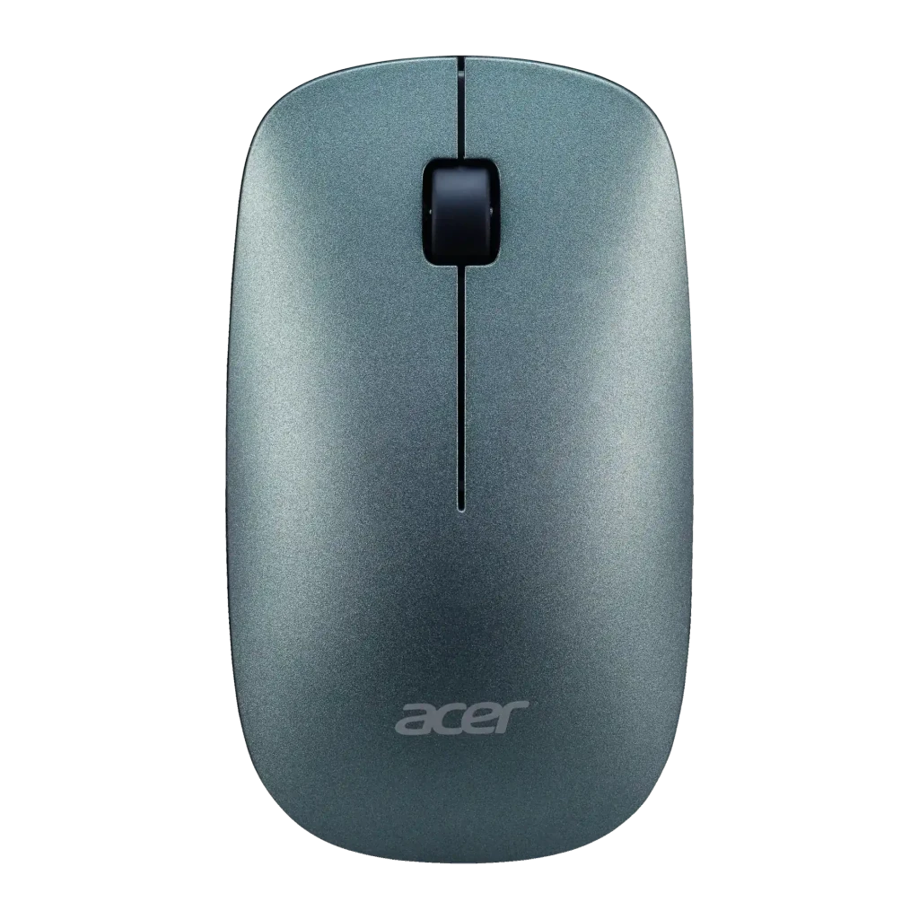 Souris Acer Vero Macaron AMR020 Gris Sans Fil Ergonomique, vue dessus: corps arrondi avec molette centrale et logo Acer
