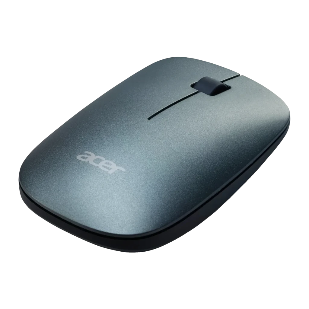 Souris Acer Vero Macaron AMR020 Gris Sans Fil Ergonomique, vue dessus en angle: surface texturée grise avec logo Acer