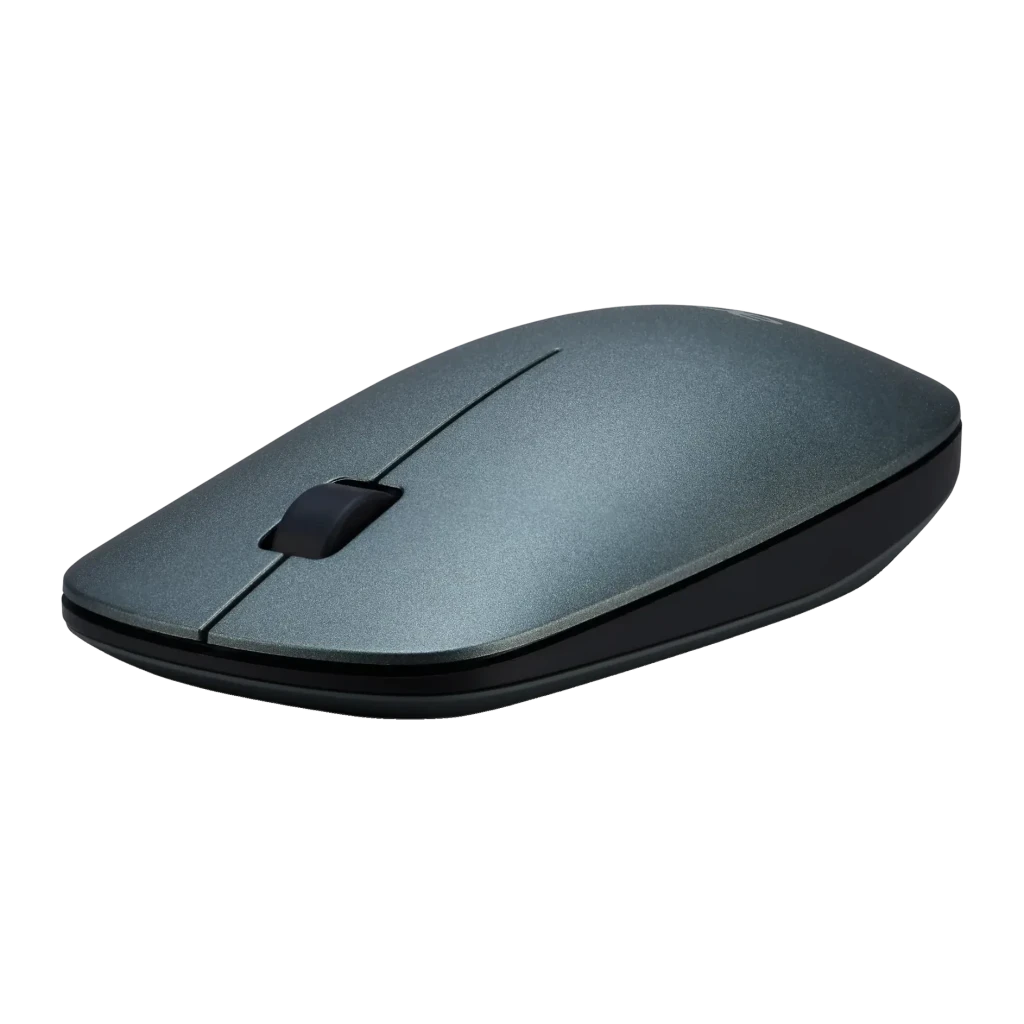 Souris Acer Vero Macaron AMR020 Gris Sans Fil Ergonomique, vue latérale: corps gris texturé avec molette centrale et base