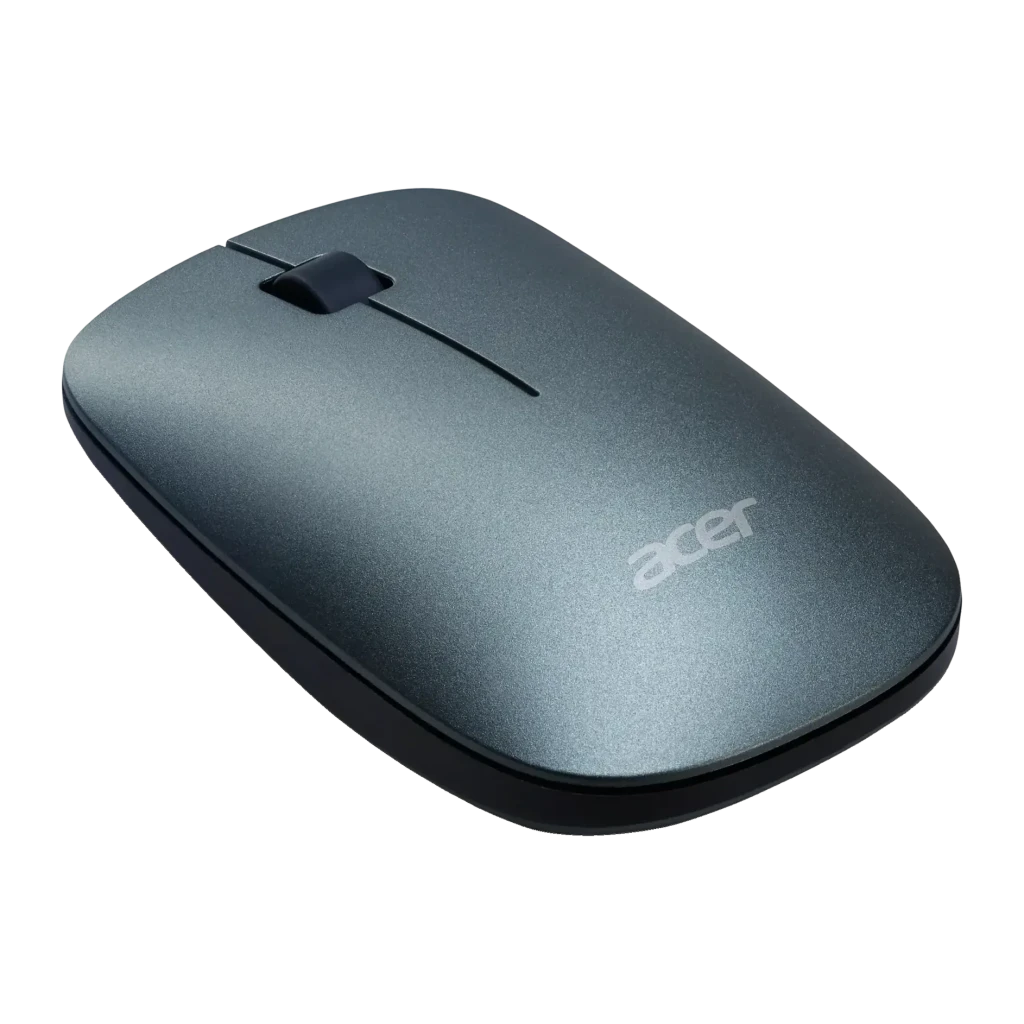 Souris Acer Vero Macaron AMR020 Gris Sans Fil Ergonomique, vue dessus en angle: coque gris métallisé avec logo Acer