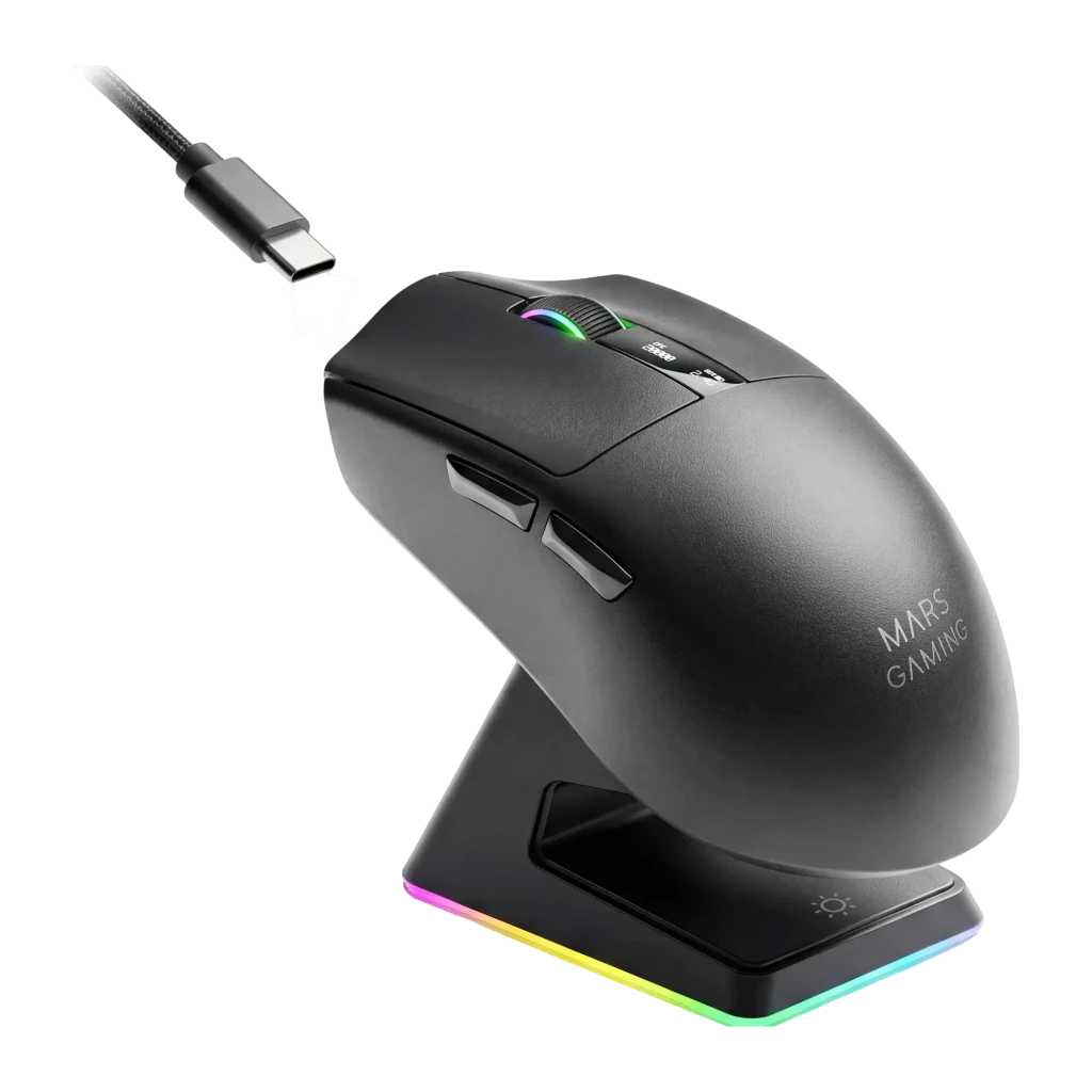Souris Gaming Mars Gaming Sans Fil 20000 DPI RGB Noir/Blanc MMWELITE, vue latérale: souris sur socle de charge RGB