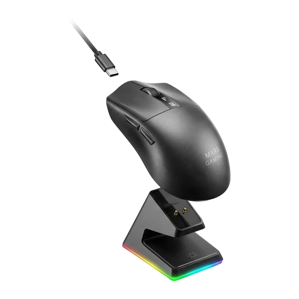 Souris Gaming Mars Gaming Sans Fil 20000 DPI RGB Noir/Blanc MMWELITE, vue latérale: souris sur socle de charge RGB