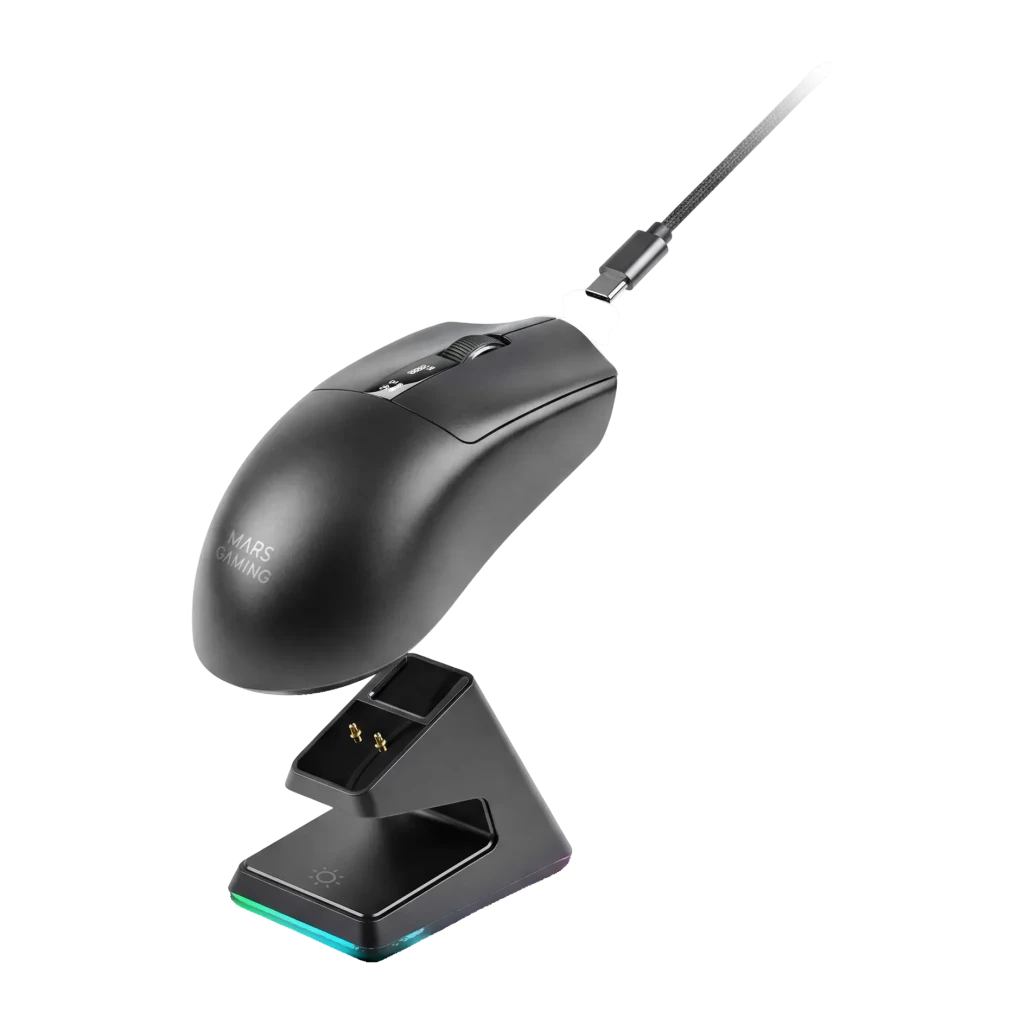 Souris Gaming Mars Gaming Sans Fil 20000 DPI RGB Noir/Blanc MMWELITE, vue latérale: souris sur socle de charge