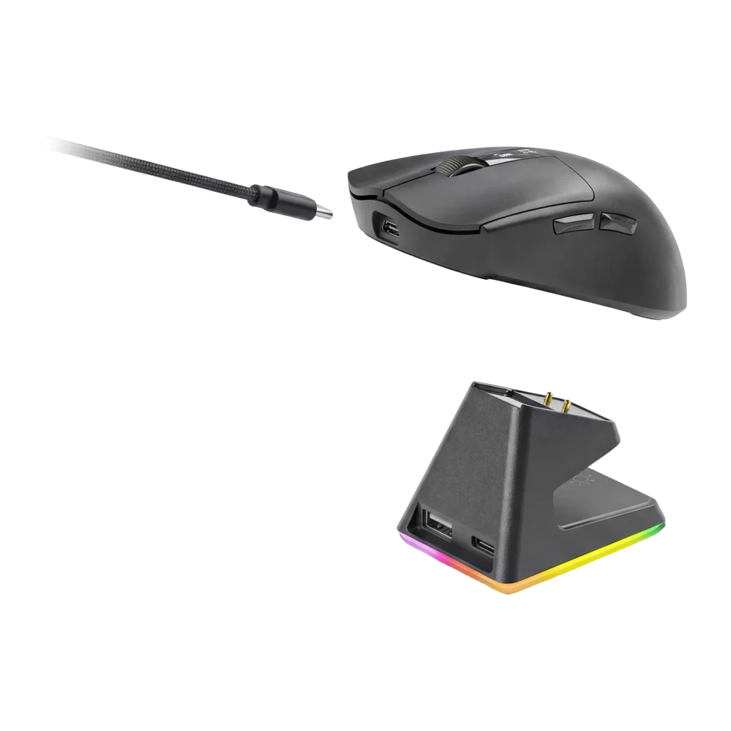 Souris Gaming Mars Gaming Sans Fil 20000 DPI RGB Noir/Blanc MMWELITE, accessoires: vue latérale avec câble tressé et socle