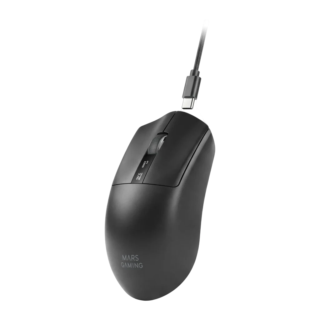 Souris Gaming Mars Gaming Sans Fil 20000 DPI RGB Noir/Blanc MMWELITE, vue latérale: câble USB-C tressé connecté, molette