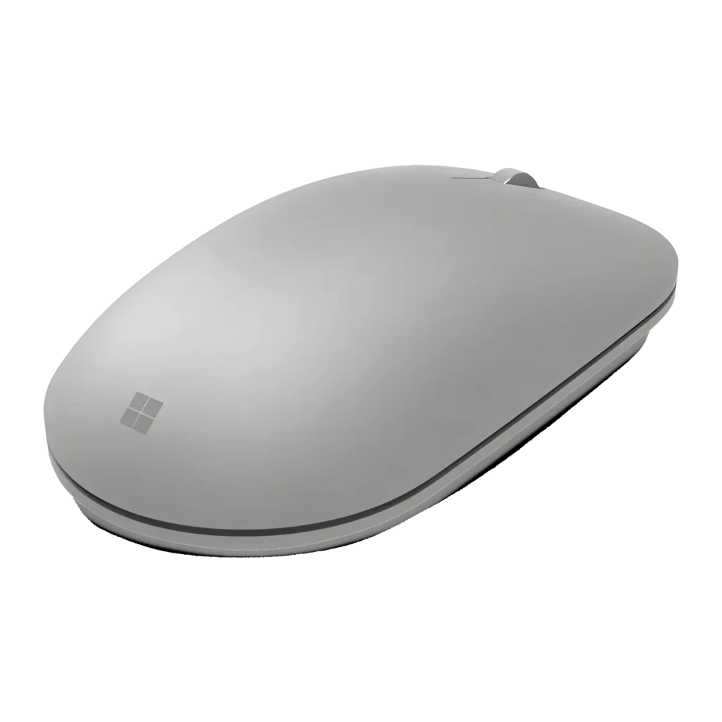 Souris Microsoft Surface Mouse Gris Bluetooth, vue supérieure en angle: coque lisse avec logo Windows et molette
