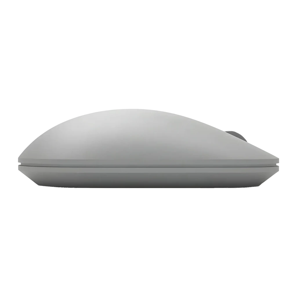 Souris Microsoft Surface Mouse Gris Bluetooth, vue latérale: profil bas arrondi et molette de défilement visible