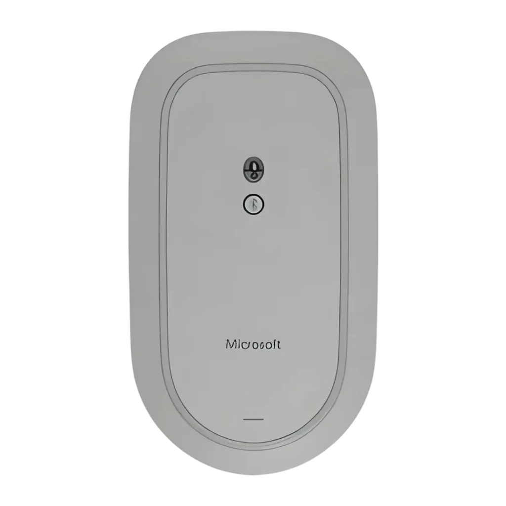 Souris Microsoft Surface Mouse Gris Bluetooth, vue inférieure: capteur optique, bouton de couplage et logo Microsoft