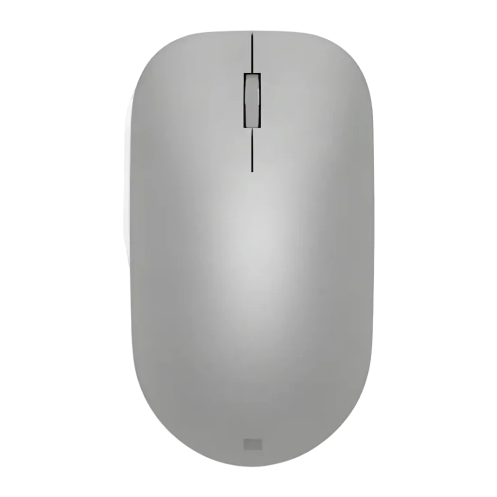 Souris Microsoft Surface Mouse Gris Bluetooth, vue du dessus: corps arrondi, molette de défilement et logo Windows