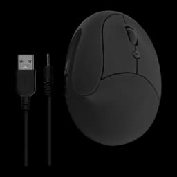 Ratón T'nB Negro Inalámbrico Ergonómico Vertical MWERGOVMN, vista superior: forma ovalada, botón DPI y cable USB incluido