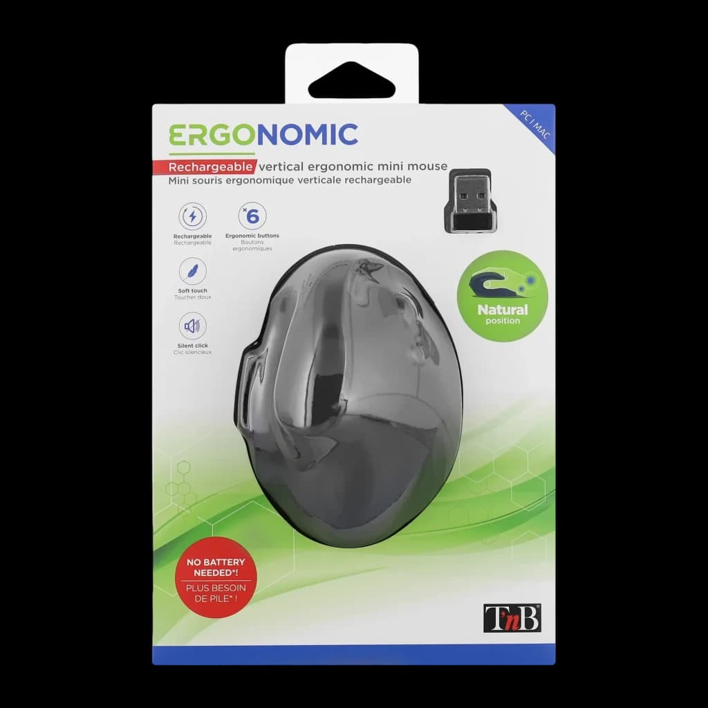 Ratón T'nB Negro Inalámbrico Ergonómico Vertical MWERGOVMN, caja frontal: packaging con ratón y receptor USB nano visibles