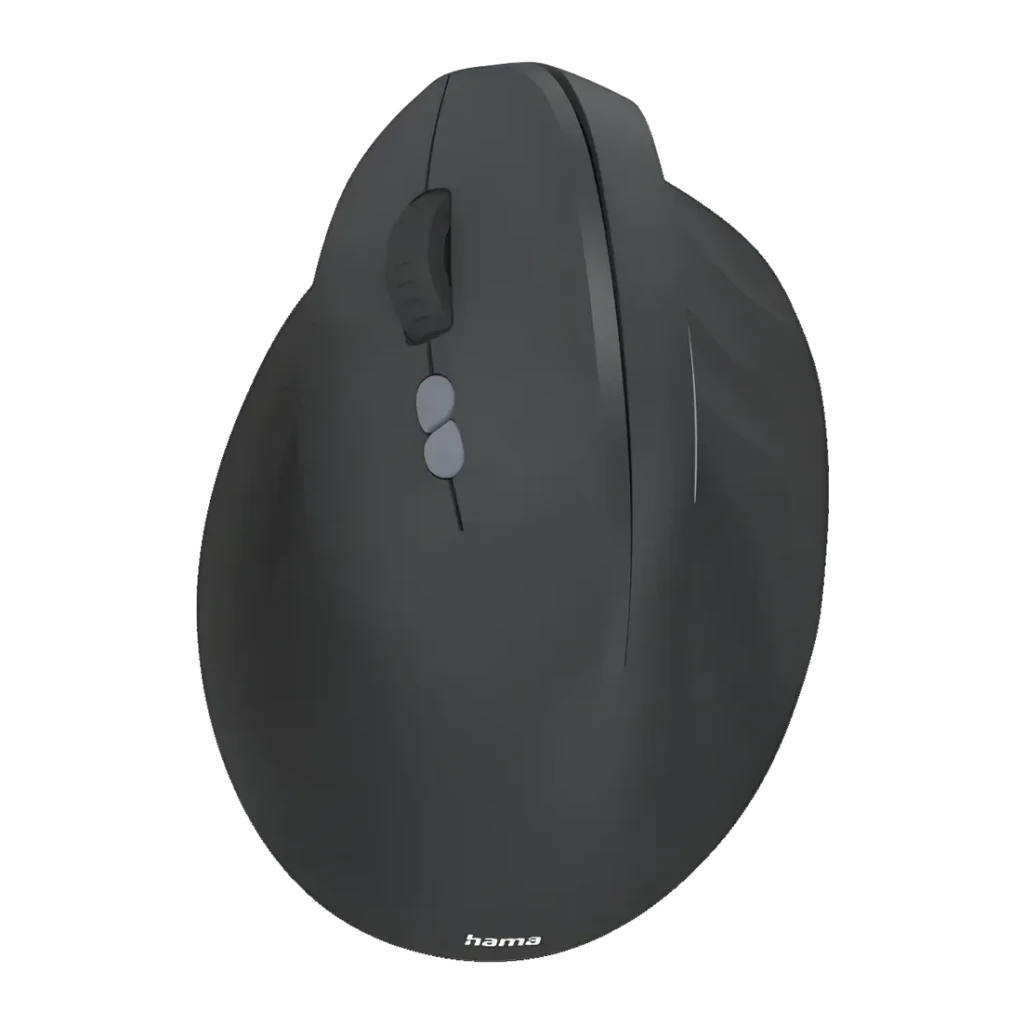 Rato Hama Preto Sem Fios Vertical Ergonómico EWM-500L, vista lateral: forma vertical com roda, botões laterais e logótipo