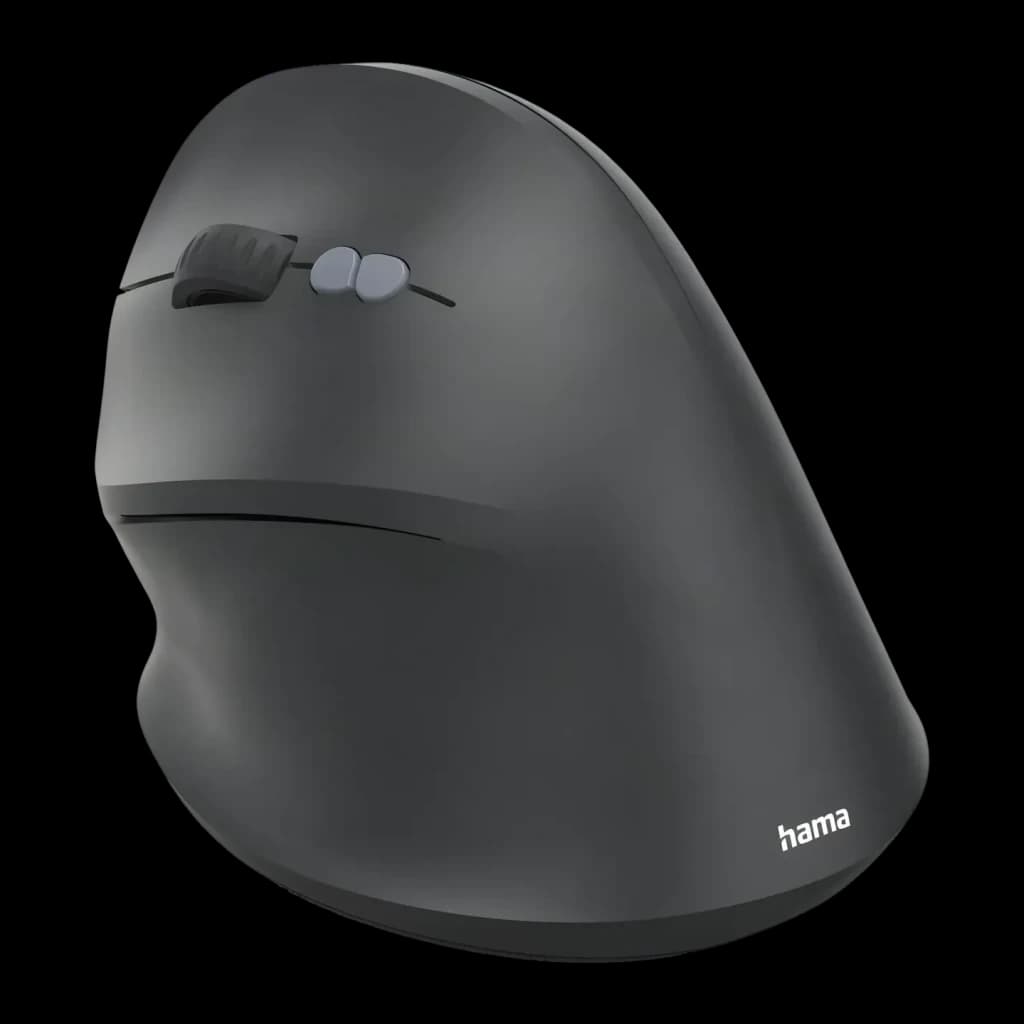Rato Hama Preto Sem Fios Vertical Ergonómico EWM-500L, vista frontal-lateral: roda e botões laterais cinzentos visíveis