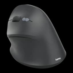 Rato Hama Preto Sem Fios Vertical Ergonómico EWM-500L, vista frontal-lateral: roda e botões laterais cinzentos visíveis