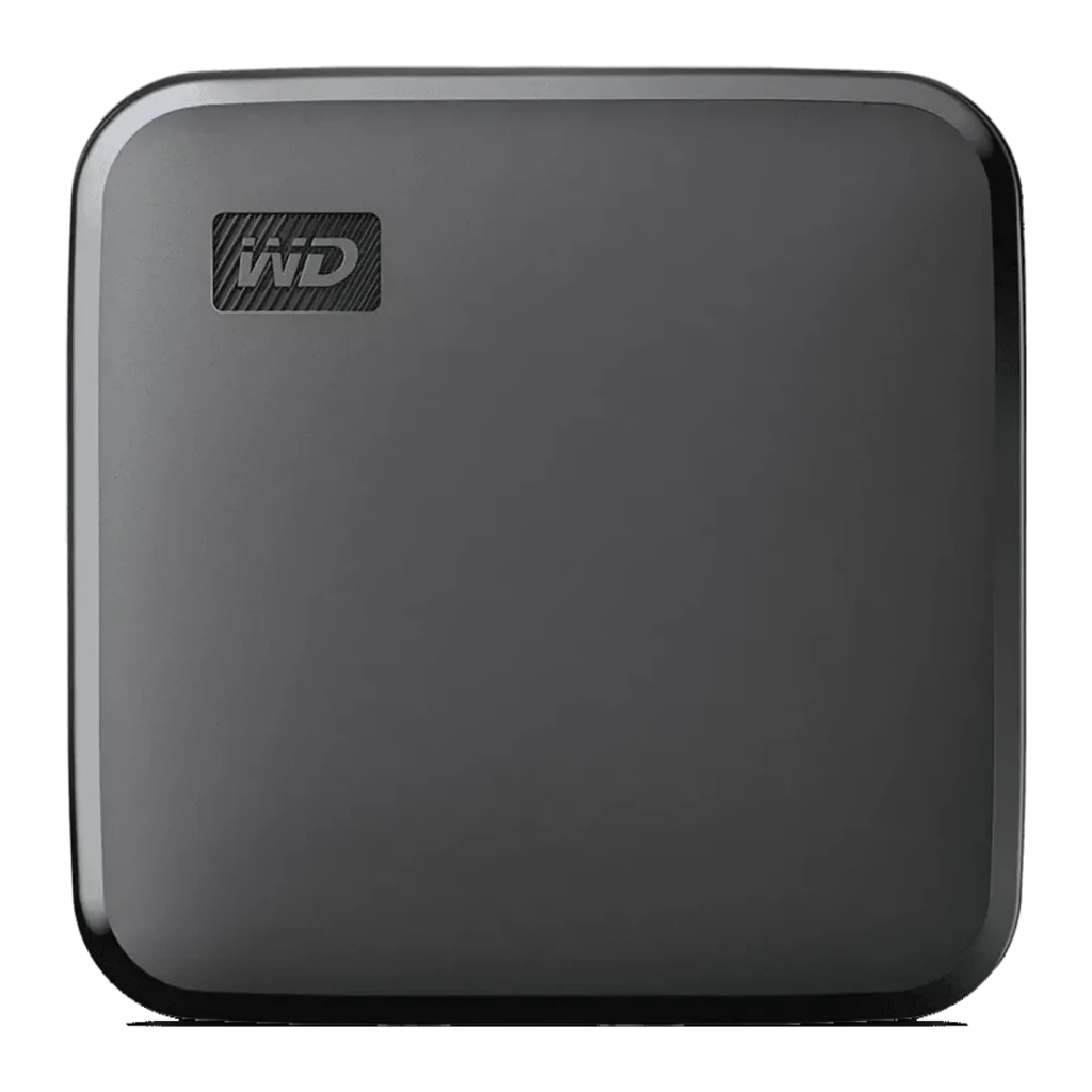 SSD Externe SanDisk Elements SE 2 To USB 3.0 Noir, vue de face: corps compact gris foncé avec logo WD dans le coin supérieur