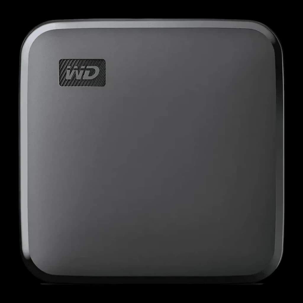 SSD Externe SanDisk Elements SE 2 To USB 3.0 Noir, vue de face: corps compact gris foncé avec logo WD dans le coin supérieur