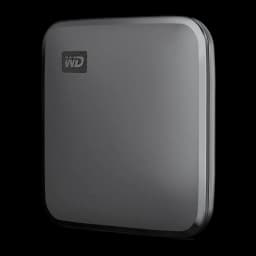 SSD Externe SanDisk Elements SE 2 To USB 3.0 Noir, vue en angle: boîtier lisse avec logo WD en relief sur fond sombre