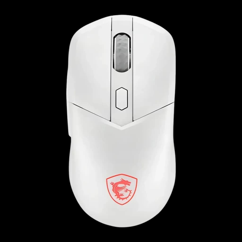 Souris MSI Versa 300 Wireless Sans Fil 8000 DPI RGB Blanc, vue dessus: molette argentée, bouton DPI et logo dragon rouge