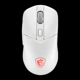 Souris MSI Versa 300 Wireless Sans Fil 8000 DPI RGB Blanc, vue dessus: molette argentée, bouton DPI et logo dragon rouge