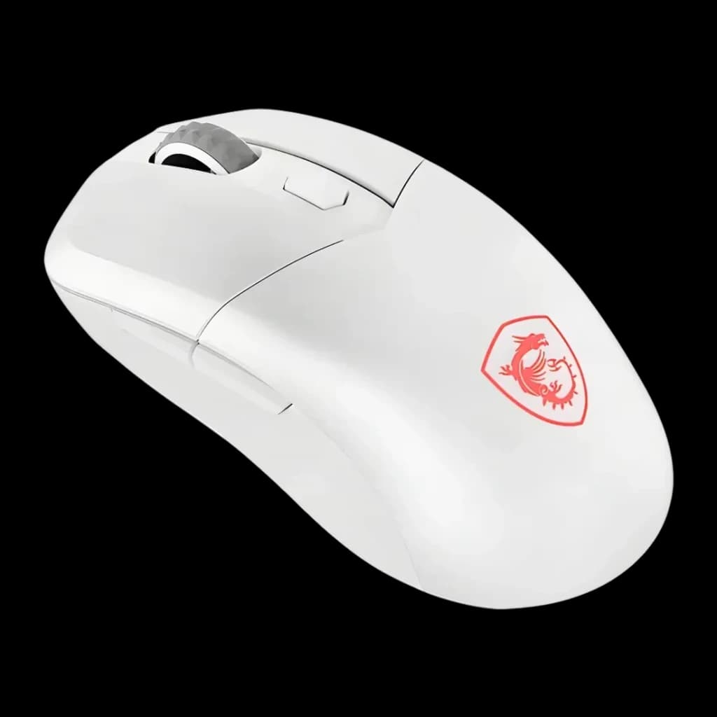 Souris MSI Versa 300 Wireless Sans Fil 8000 DPI RGB Blanc, vue latérale supérieure: logo dragon rouge sur coque blanche