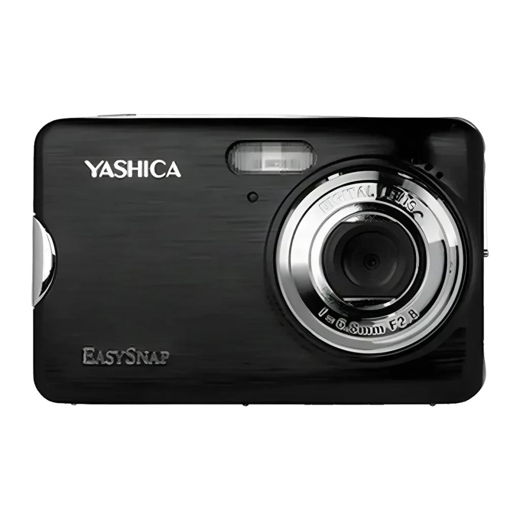 Appareil photo compact Yashica EasySnap Noir Vidéo AVI 30MP, vue avant: corps noir brossé, objectif 6,8mm F2,8 et flash