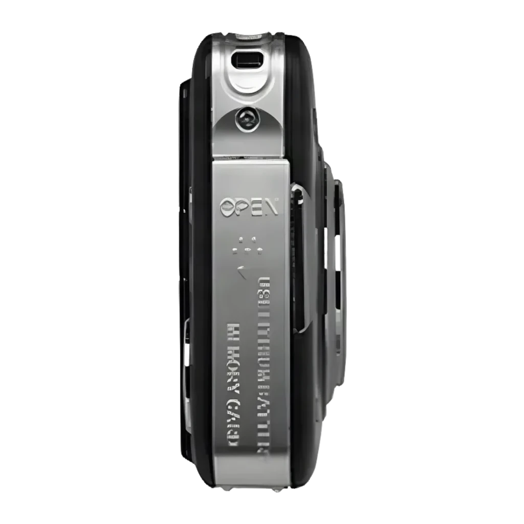 Appareil photo compact Yashica EasySnap Noir Vidéo AVI 30MP, vue latérale: trappe batterie avec inscription OPEN et fente