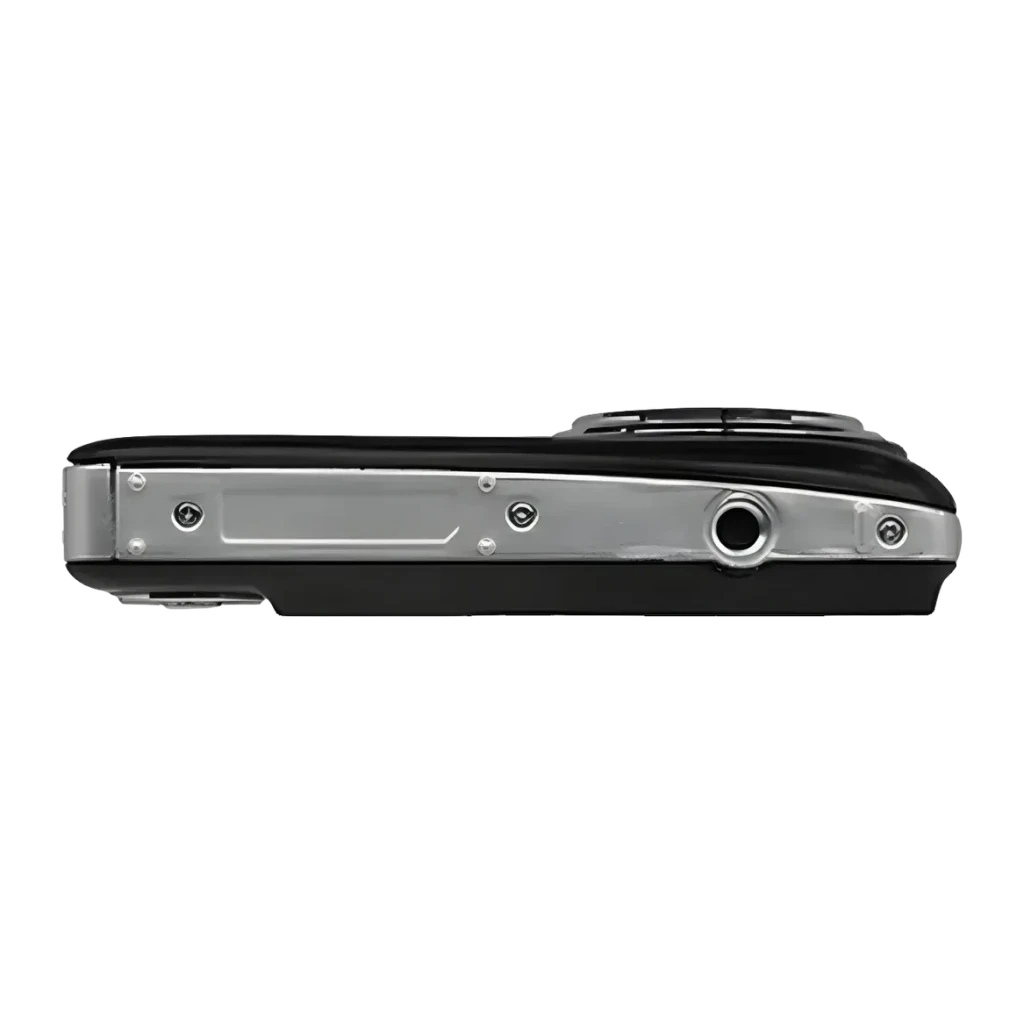 Appareil photo compact Yashica EasySnap Noir Vidéo AVI 30MP, vue du dessous: base argentée avec filetage trépied et vis